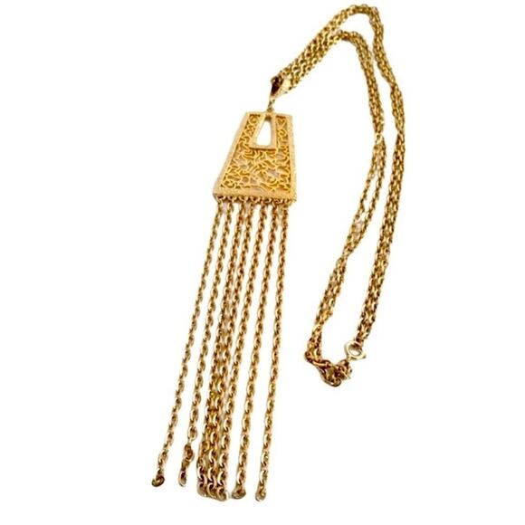 Vintage Tassel Necklace Large Fringe Gold Pendant 60’s Retro Mod Hippie 24” Long - Picture 1 of 7